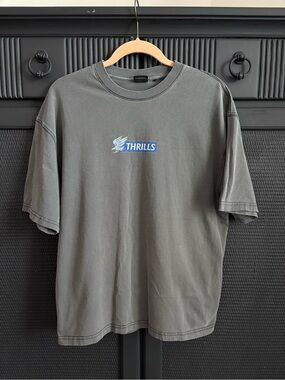 Thrills Gray Oversized Graphic Tee with Blue Chest Emblem